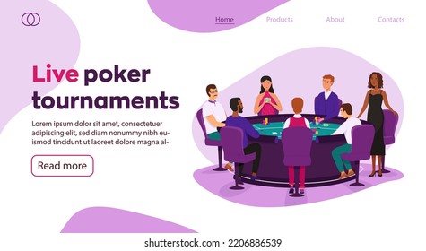 People playing poker game web banner. Casino, gaming house flat vector illustration. Cheerful men and woman in dress characters. Gambling industry. For design poker web sites.