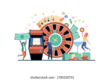 People playing poker and winning money. Gamblers with roulette, slot machine, and chips. Vector illustration for online casino, poker club, blackjack, gambling concepts