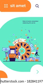 People playing poker and winning money. Gamblers with roulette, slot machine, and chips. Vector illustration for online casino, poker club, blackjack, gambling concepts