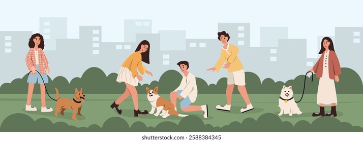 People playing with puppy illustration. People with dogs playing in the urban park. Woman walking with dog. Man walking with dog. Spring season. Summer season. Playing with friends and pet.