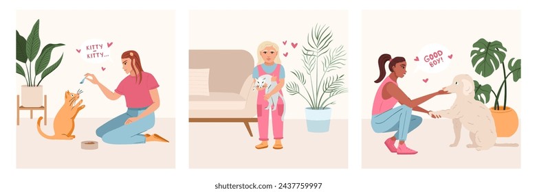 People playing, relaxing and spending time with pets. Characters take care of dogs and cats. Pet sitters and animal lovers Concept. Pets with owners flat illustration vector set.