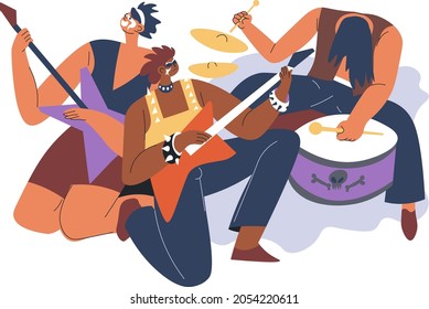 People playing in rock or alternative music band, using musical instrument for songs. Guitar and bass, drums and solo. Stage performers, rehearsal or scene live concert. Vector in flat style