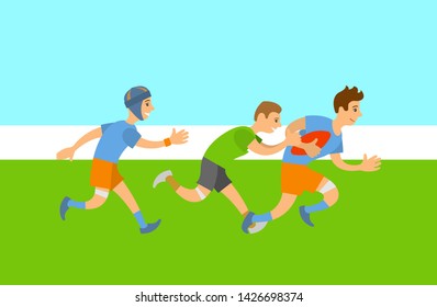 People playing rugby in team vector, youth running with ball in hands, aggressive kind of sports originated in England. Field with grass green lawn. Website or webpage template, landing page flat