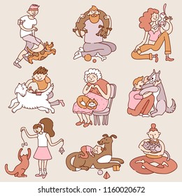 People playing running hugging caressing their dogs and cats pets 9 flat cartoon retro isolated vector illustration 