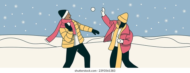 People playing snowballs outdoors. A man throwing a snowball at a woman. Winter games with snow. People warmly dressed in jackets, gloves, and hats. Vector horizontal illustration in flat style. 