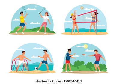 Gente jugando al deporte de verano. Juegos de ocio al aire libre e ilustración de vector de ejercicio. Hombres y mujeres juegan bádminton, voleibol, fútbol, con disco volador. Estilo de vida activo en la playa.