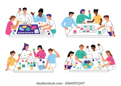 People playing table game set, board games scenes, collection of compositions with cartoon characters, vector illustrations of friends sitting together at table, having fun, leisure activity at home