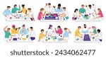 People playing table games, collection of compositions with cartoon characters, board games scenes, vector illustrations of adults sitting together at table and having fun, leisure activity at home