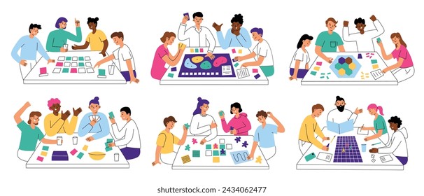 People playing table games, collection of compositions with cartoon characters, board games scenes, vector illustrations of adults sitting together at table and having fun, leisure activity at home