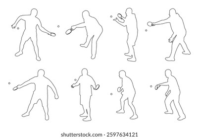 People playing table tennis with racket and ball, sketch male  silhouette 