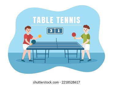 People Playing Table Tennis Sports with Racket and Ball of Ping Pong Game Match in Flat Cartoon Hand Drawn Templates Illustration