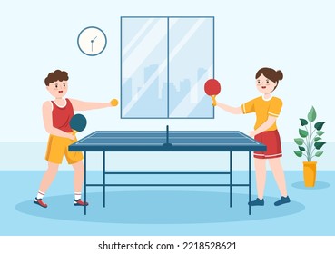 People Playing Table Tennis Sports with Racket and Ball of Ping Pong Game Match in Flat Cartoon Hand Drawn Templates Illustration