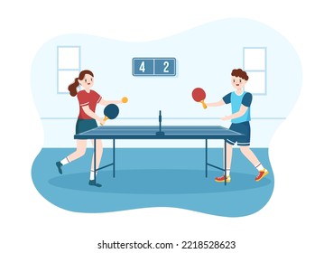 Personas jugando al tenis de mesa con raqueta y bola de juego de ping-pong en mano de caricatura plana Dibujo de plantillas