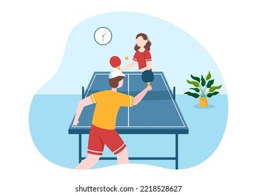 People Playing Table Tennis Sports with Racket and Ball of Ping Pong Game Match in Flat Cartoon Hand Drawn Templates Illustration