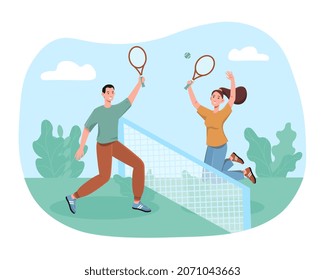 People playing tennis. Friends rest together after school. Healthy lifestyle, nature, fresh air, competition. Future athletes, couple in love having fun, family. Cartoon flat vector illustration