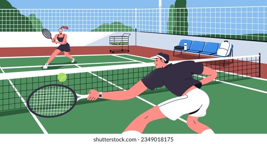 People playing tennis on court. Sport players with rackets and balls. Active outdoor game. Man and woman athletes opponents during match, healthy sportive leisure in summer. Flat vector illustration