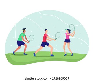 Leute, die Tennis spielen. Sportsportler, Übungsgrafik-Konzept. Trainieren Sie Tennisset, Tennisspieler, der einen Schläger hält. Tennisspieler-Trainingssportler, die einen Ball treffen. Vektorgrafik im Flachstil