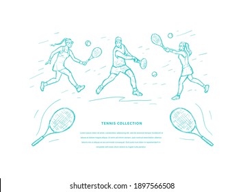 People playing tennis. Tennis sports contest. Sketch vector hand drawn template in bright blue color. Racket sport game. Design for invitation, web banner, flyer, mailing, promotion