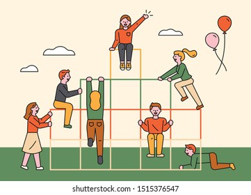 People Are Playing Together In The Jungle Gym. Happy Friends. Flat Design Style Minimal Vector Illustration.