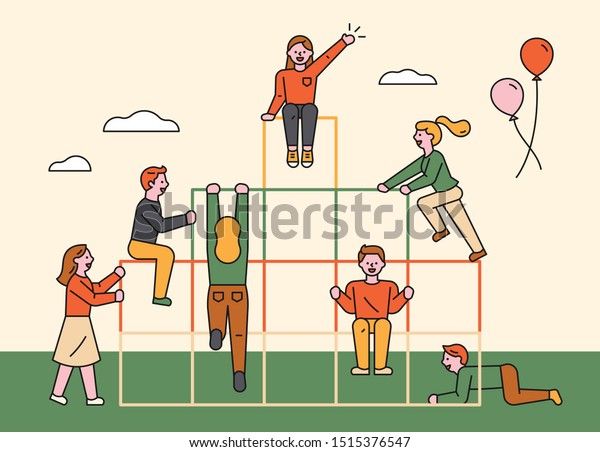 People are playing\
together in the jungle gym. Happy friends. flat design style\
minimal vector\
illustration.