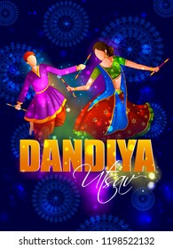 People playing traditional folk dance Garba on Dandiya night celebrating Navratri during Dussehra. Vector illustration