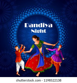 Gente jugando danza tradicional Garba en la noche de Dandiya celebrando Navratri durante Dussehra.  Ilustración del vector