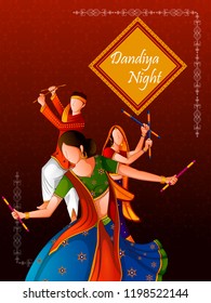 People playing traditional folk dance Garba on Dandiya night celebrating Navratri during Dussehra. Vector illustration