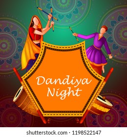 People playing traditional folk dance Garba on Dandiya night celebrating Navratri during Dussehra. Vector illustration