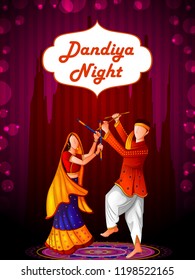People playing traditional folk dance Garba on Dandiya night celebrating Navratri during Dussehra. Vector illustration