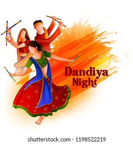 People playing traditional folk dance Garba on Dandiya night celebrating Navratri during Dussehra. Vector illustration