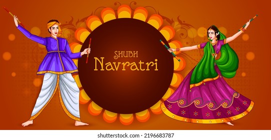 People playing traditional folk dance Garba on Dandiya night celebrating Navratri during Dussehra. Vector illustration