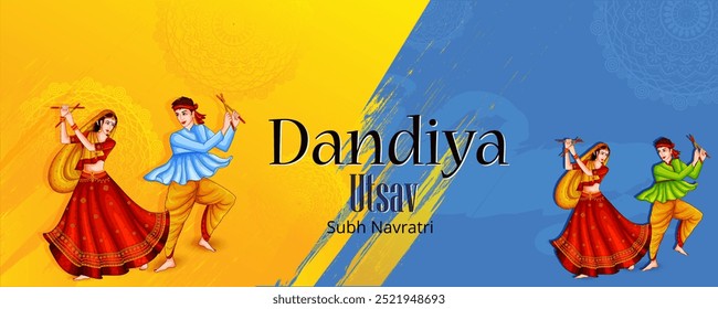 People playing traditional folk dance Garba on Dandiya night celebrating Navratri during Dussehra. Vector illustration