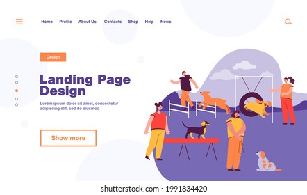 People playing and training their pets on special playground. Flat vector illustration. People training their dogs in city park area. Animal, activity, education, nature concept for banner design