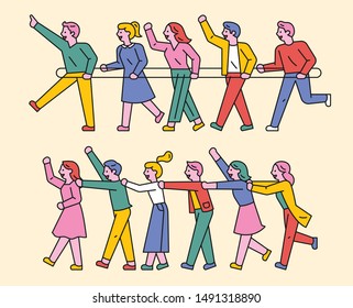 People are playing trains by connecting each other with strings. People are holding trains to each other's shoulders. flat design style minimal vector illustration.