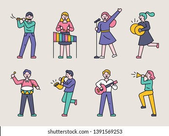 People playing various instruments. Outline style character set. flat design style minimal vector illustration