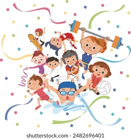People playing various sports and cheering with confetti