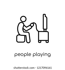 people playing video game icon. Trendy modern flat linear vector people playing video game icon on white background from thin line Recreational games collection, outline vector illustration