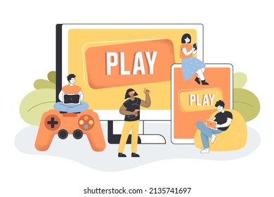 People playing video game on mobile phone and computer. Men and women playing console, using various hardware devices, laptop or tablet flat vector illustration. Cross-platform play concept