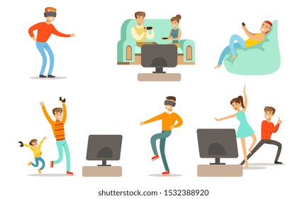 People Playing Video Games Set, Men, Happy Women and Kids Characters Relaxing at Home Vector Illustration