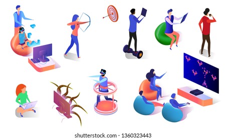 People Playing Video Games Via Gadgets Set Isolated on White Background. Young Men and Women Gaming in Virtual and Augmented Reality. Smart Technology of Future. 3D Flat Vector Isometric Illustration.