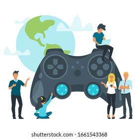 People playing videogame flat illustration. Online video game players, modern entertainment, virtual communication concept isolated on white. Young players with gamepad tiny cartoon vector characters