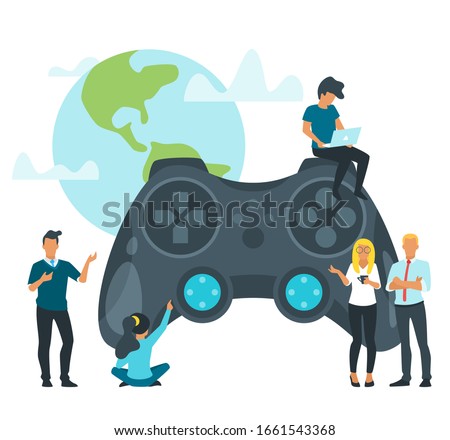People playing videogame flat illustration. Online video game players, modern entertainment, virtual communication concept isolated on white. Young players with gamepad tiny cartoon vector characters