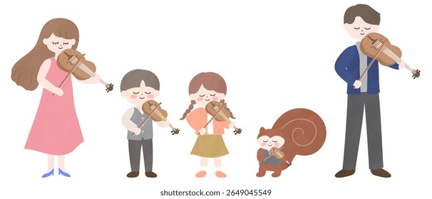 People playing violin and squirrel illustration