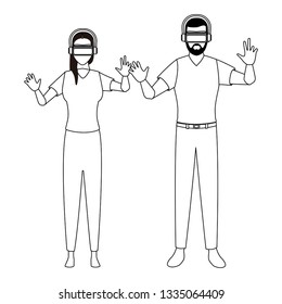 People playing with virtual reality in black and white