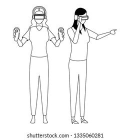 People playing with virtual reality glasses in black and white