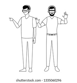 People playing with virtual reality glasses in black and white