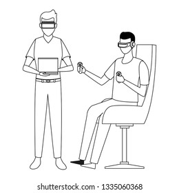 People playing with virtual reality glasses in black and white