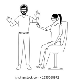 People playing with virtual reality glasses in black and white