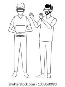 People playing with virtual reality glasses in black and white