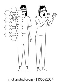 People playing with virtual reality glasses in black and white